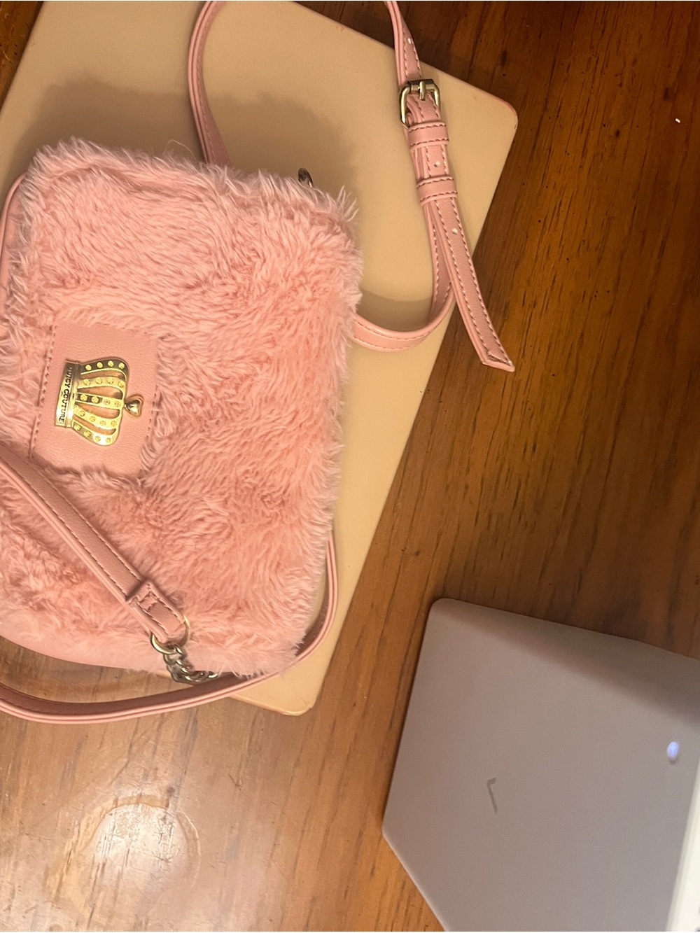 Juicy Couture Pink Faux-Fur Crossbody Bag with Gold Crown Accent